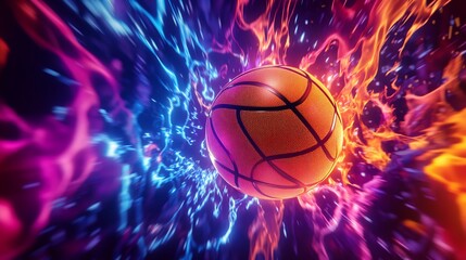 Poster - Basketball engulfed in flames and electric energy creating a dynamic motion effect