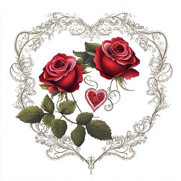 decorative Valentine card with roses and lace patterns, isolated on a white background.
