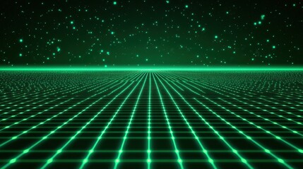 Fototapete - High-tech green digital background with scattered particles and neon grid lines, evoking a cyber-inspired world.