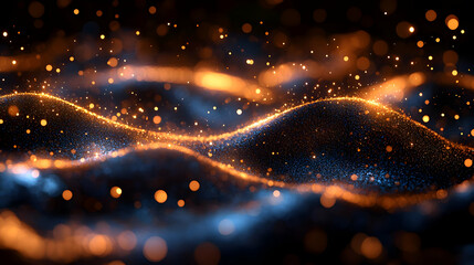 Poster - Abstract Glowing Waves With Golden And Blue Particles