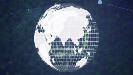 Poster - Animation of rotating globe with grid lines over digital network background