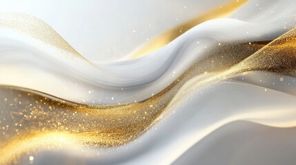 Fototapete - Luxurious abstract background featuring smooth golden and white waves with sparkling golden dust, creating an elegant and premium design.