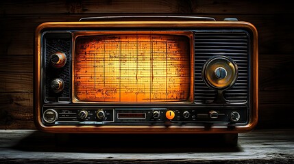 Vintage wooden radio with illuminated screen showing musical notes.