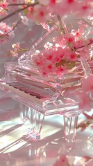 Fototapete - Pink and white glass piano and flowers illustration poster background