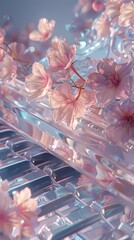 Fototapete - Pink and white glass piano and flowers illustration poster background