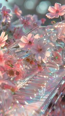 Fototapete - Pink and white glass piano and flowers illustration poster background