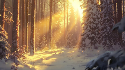 Wall Mural - a beautiful winter forest, with tall trees covered in snow and sunlight shining through the branches