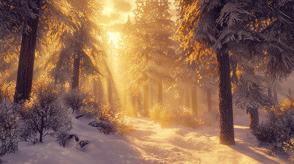 Wall Mural - a beautiful winter forest, with tall trees covered in snow and sunlight shining through the branches