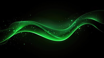 Poster - Abstract green wave design with glowing particles on a dark background, ideal for digital art or wallpaper use