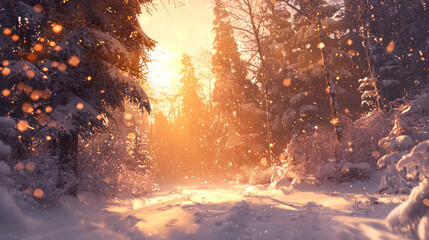 Wall Mural - a beautiful winter forest, with tall trees covered in snow and sunlight shining through the branches