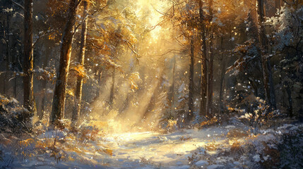 Wall Mural - a beautiful winter forest, with tall trees covered in snow and sunlight shining through the branches