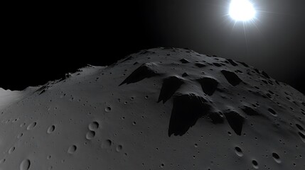 dark and cratered surface of a celestial body with bright light