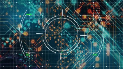 Poster - Glowing connections on digital circuit board with circular interface animation