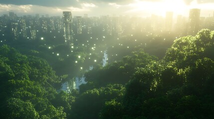 Aufkleber - Lush greenery merges with a city skyline under a glowing sunset.