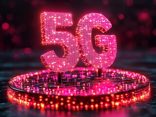 Poster - Bright illuminated 5G symbol on a circular electronic platform