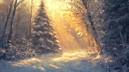 Wall Mural - a beautiful winter forest, with tall trees covered in snow and sunlight shining through the branches