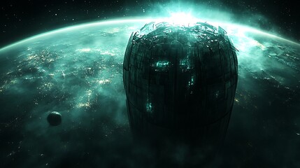 Wall Mural - a large structured space station orbits a distant planet in space