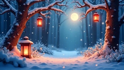 Poster - a serene winter forest scene with lanterns lighting up the snowy path, under a full moon