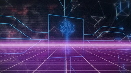 Poster - glowing digital tree animation over neon grid with abstract geometric shapes