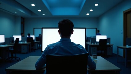 Poster - a man seated at a desk facing a blank screen in a dimly lit office, emphasizing focus and concentration