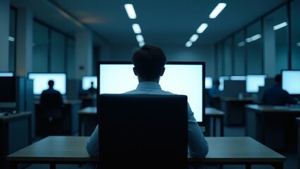Aufkleber - a person focused on their computer monitor in a dimly lit office, a scene of concentration and technological engagement