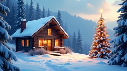 Poster - a cozy cabin in a snowy winter wonderland with illuminated Christmas tree