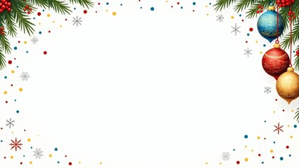 Poster - festive decoration, a Christmas ornament border, suitable for creating a celebratory and joyful atmosphere. Decorated with baubles, pine leaves, snowflakes, and confetti to elevate festive spirit 