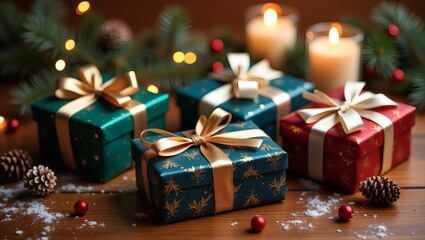 Poster - festive presents with decorative ribbons and a warm, inviting atmosphere with candles, and ornaments on a wooden table. The presents are wrapped in varying colors with beautiful ribbons