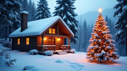 Poster - a cozy cabin covered in snow next to a christmas tree