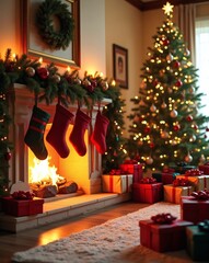 Poster - a cozy christmas scene, with a fireplace, decorated tree and gifts. The fire is burning in the fireplace