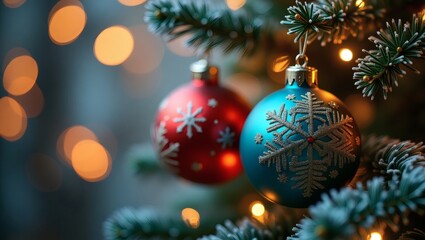 Poster - Christmas ornaments hanging on a tree with bokeh lights in the background, creates a festive and inviting atmosphere. The ornaments add color and texture.