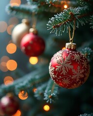 Poster - Christmas tree decorated with ornaments, creating a festive atmosphere and bokeh lights. The image is filled with warm and inviting tones