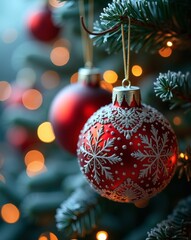 Poster - red Christmas baubles decorate a fir tree, festive atmosphere