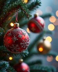 Poster - close up of Christmas decorations on a tree, including red and gold baubles, creating a festive atmosphere