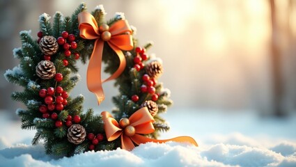 Poster - a festive wreath adorned with berries and ribbons, resting on snow. The wreath is vibrant, adding warmth against the cold, snowy backdrop, symbolizing the spirit of holidays.