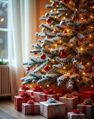 Poster - a festively decorated Christmas tree, surrounded by beautifully wrapped gifts, creating a warm holiday scene. It has glowing lights and shiny ornaments, suggesting the spirit of Christmas