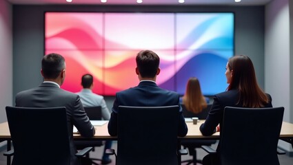 Poster - business team members in a modern conference room, focused on a large screen