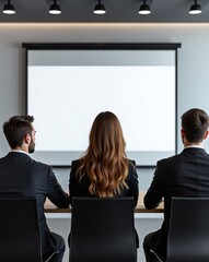 Poster - three people in a meeting room looking at a blank projection screen, the scene captures a meeting's setting