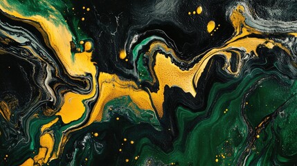 Poster - Abstract fluid art featuring swirling black, green, and vibrant yellow patterns, creating a dynamic visual experience