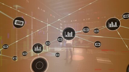 Poster - Financial data processing animation over diverse business people in office