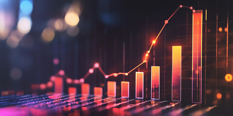 Poster - Visual representation of dynamic financial growth with colorful bar chart and glowing data points in a modern digital environment
