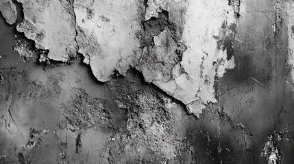 Poster - Close-up of weathered, peeling paint on a textured wall, showcasing layers of decay and age in a monochrome setting