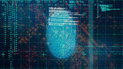 Poster - Fingerprint and digital data processing animation over circuit board background