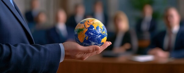 Poster - A businessperson holds a globe during a meeting, symbolizing global awareness and collaboration in a professional setting, climate activist.