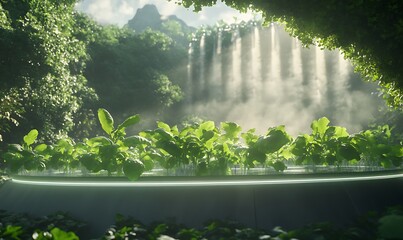 Poster - Lush greenery surrounds a modern structure with a waterfall backdrop, creating a serene atmosphere.