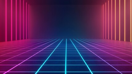 Fototapete - Retro Futuristic Neon Grid Background 80s Synthwave Cyberpunk Style