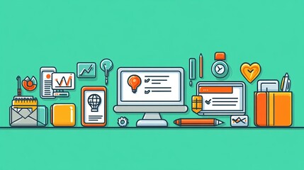 Poster - Flat design illustration of a modern workspace