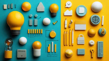 Poster - Colorful flat lay design of business, idea and planning concepts