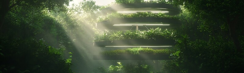 Leinwandbilder - Lush green forest with sunlight filtering through dense foliage, creating a serene atmosphere.