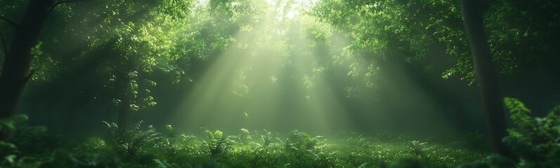 Leinwandbilder - Lush green forest with sunlight filtering through the canopy, creating a serene atmosphere.